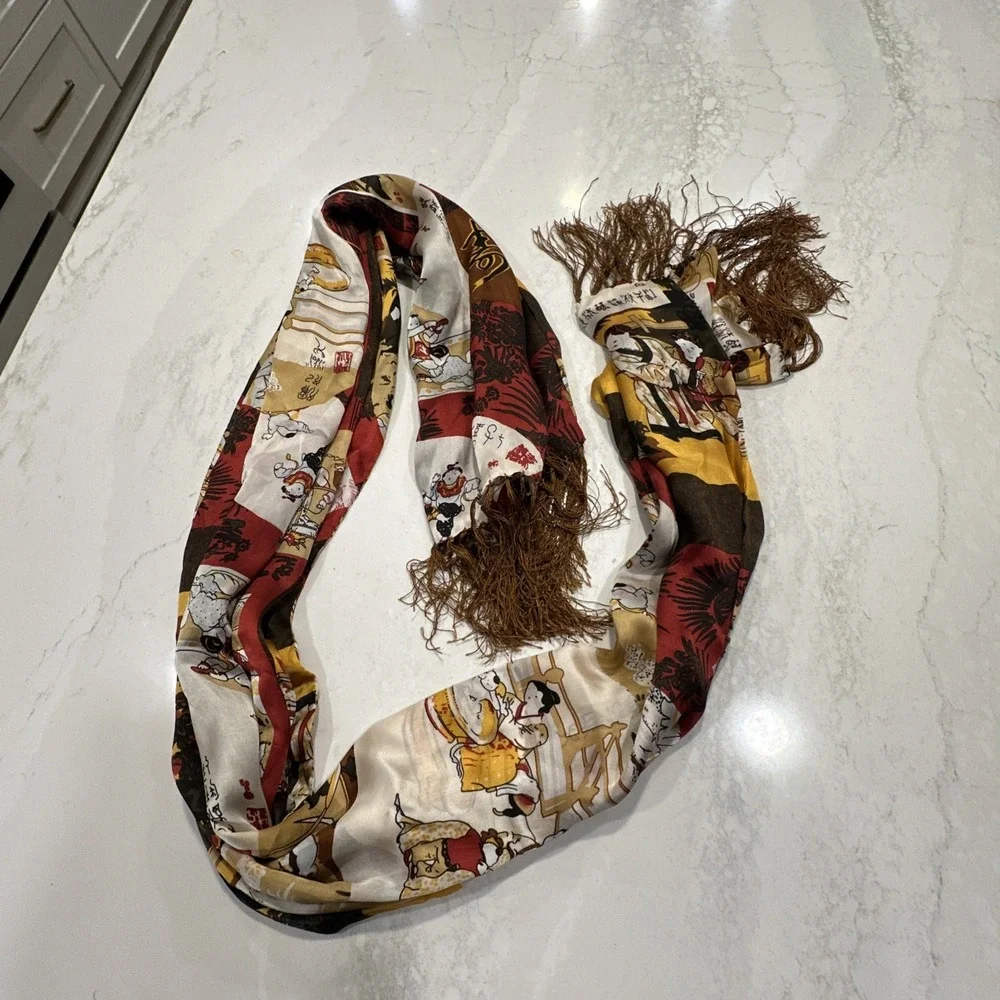Jin Xiu Lang Japanese Folk Scenes Scarf 100% Silk Asian 65x20